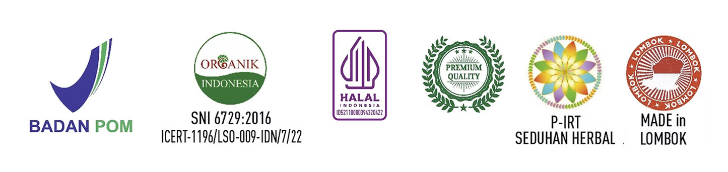 Primitiva certifications — Badan POM, Organik Indonesia SNI 6729:2016, Halal Indonesia, Premium Quality, P-IRT Seduhan Herbal, Made in Lombok