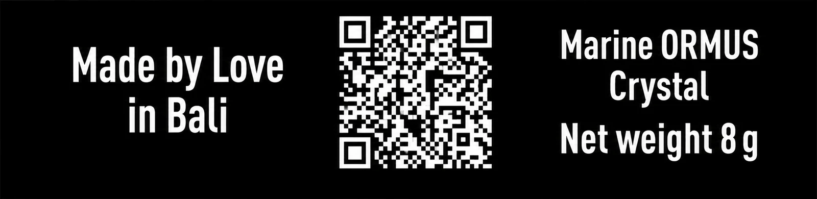 SELOR box label: Made by Love in Bali, Marine ORMUS Crystal, net weight 8 g, with QR code to the SELOR document.