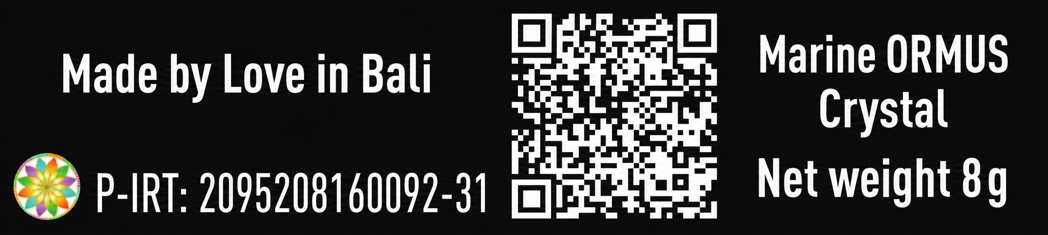 SELOR official label — Marine ORMUS Crystal, Net weight 8 g, P-IRT 2095208160092-31, Made by Love in Bali. Scan or click the QR code to open the SELOR document.